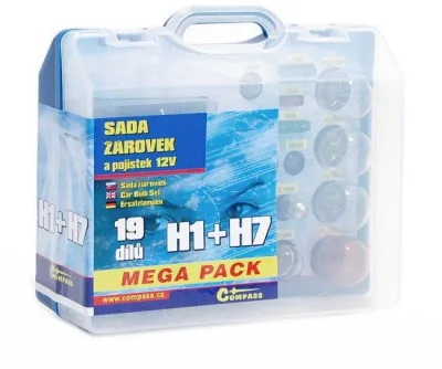 COMPASS MEGA H1+H7+biztosítékok, pót készlet 12V akció