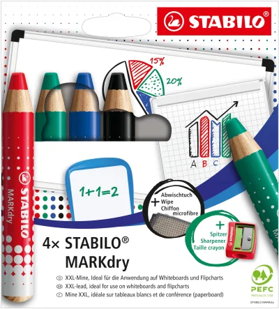 STABILO MARKdry szett hegyezővel és törlőkendővel, 4 db, 4 szín akció