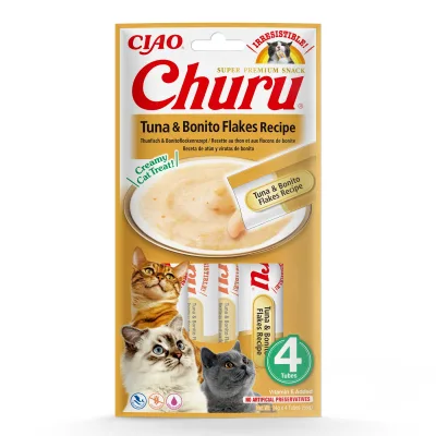 Inaba Cat Ciao Churu krémes macskaeledel - tonhal, bonitó pehely 4 x (4 x 14 g) akció