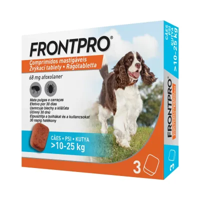 FRONTPRO® rágótabletta kutyáknak bolhák és kullancsok ellen 10–25 kg, M-es 3 tabletta akció