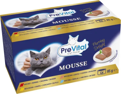 PreVital Mousse Adult macskakonzerv válogatás - marha, csirke, tonhal, lazac 4 x 85 g akció