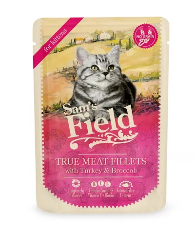 Sam's Field True Meat Fillets for kittens - Turkey & Broccoli alutasakos eledel 85 g Lejárat: 2026.11.14 akció